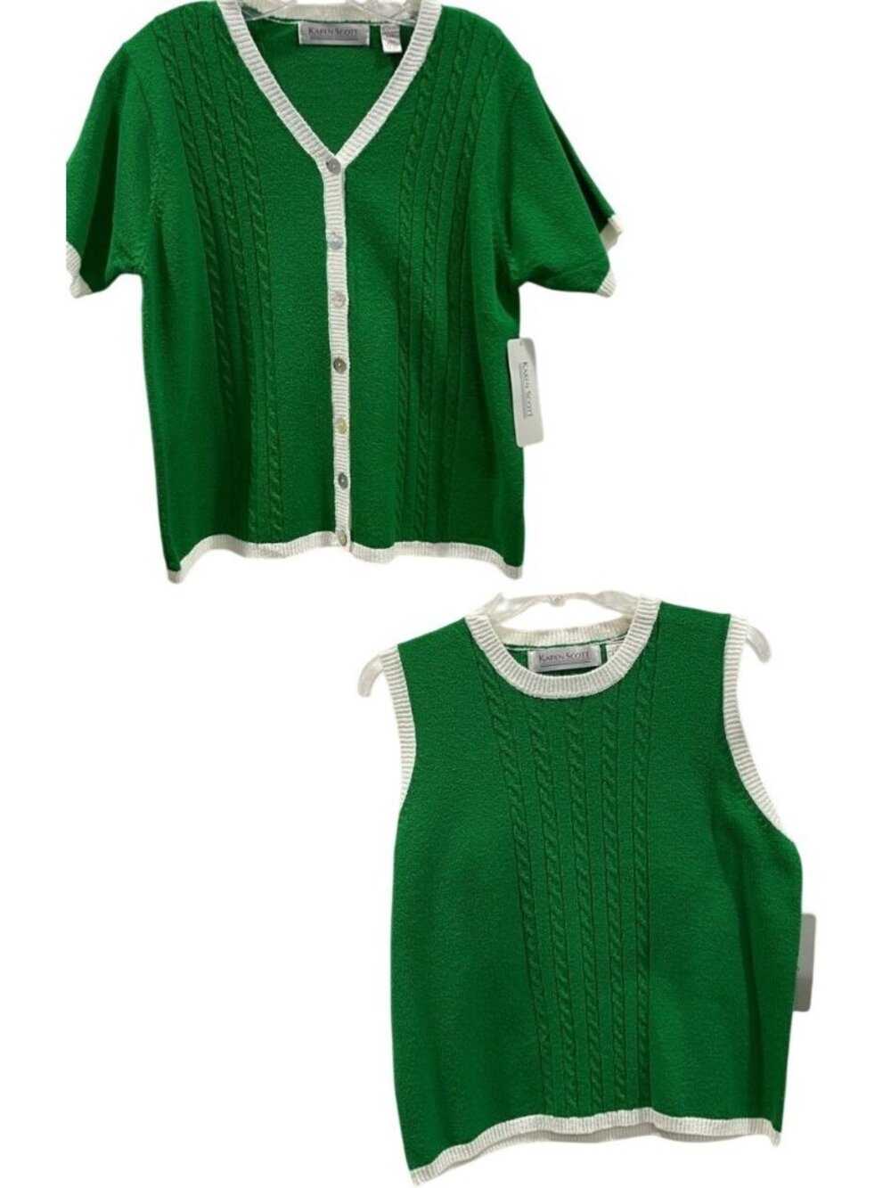 Vintage 90s Karen Scott Twin Set Cardigan Sweater Vest L Green Granny Preppy New
